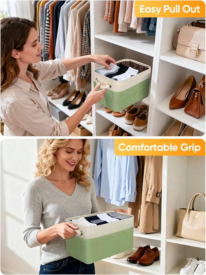 BALEINE 3 Pack Fabric Storage Bins for Shelves, Linen Storage Baskets for Organizing, Decorative Closet Bins for Clothes, Home (Green, 17''x13''x10.5'')