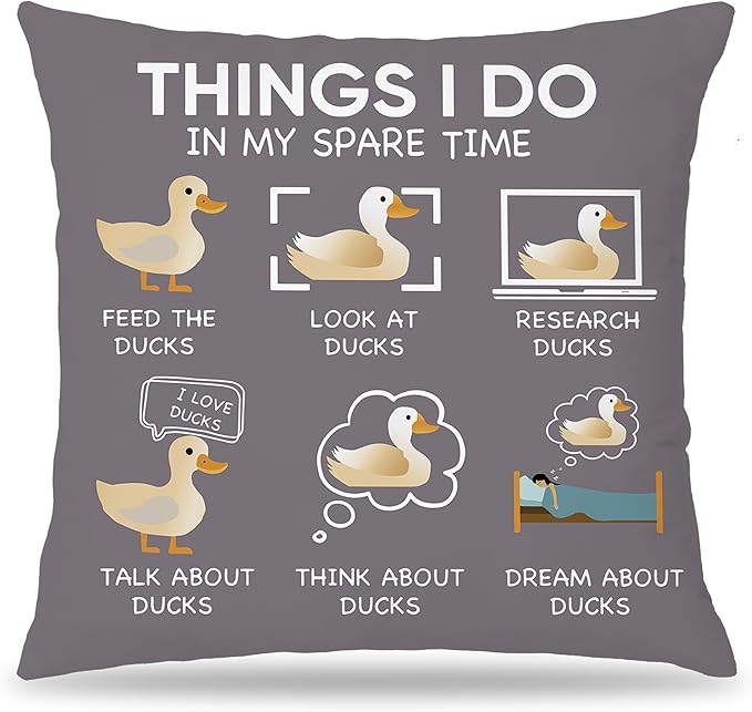 Funny Duck Throw Pillow Covers 18 x 18-Things I Do in My Spare Time Duck Decorative Pillow Covers,Funny Duck Gifts,Duck Gifts for Duck Lovers,Duck Themed Gifts for Women,Duck Decor (Gray)