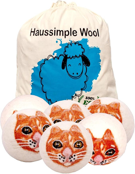Wool Dryer Balls 6-Pack 100% Natural New Zealand Wool, Handmade in Nepal Reusable Laundry Balls, Faster Drying, Softer Clothes, Anti-Static, Dryer Sheets Alternative (Orange Cat)