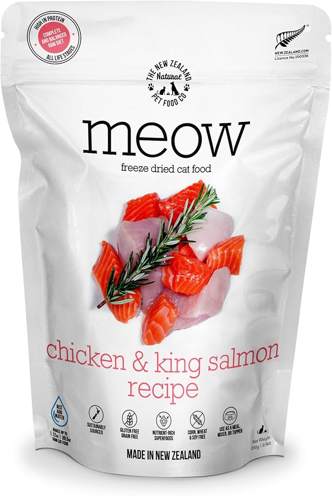 The New Zealand Natural Pet Food Co Meow Freeze Dried Cat Food - Chicken & King Salmon Recipe, High Protein Treats & Toppers, Dry Cat Food,9.9oz