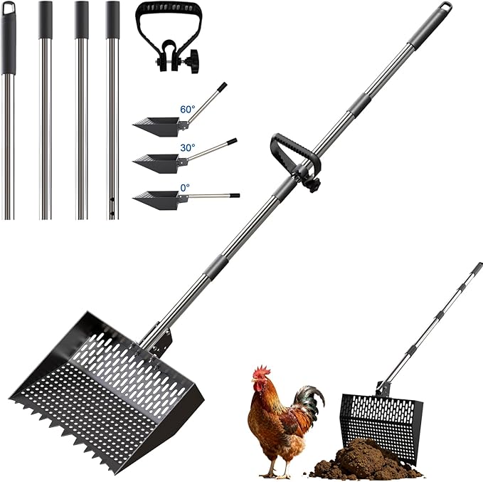 2-in-1 Chicken Poop Scooper & Rake 12-Inch Large Metal Shovel Head Adjustable Stainless Steel Handle (24 to 64") Litter Sifting Shovel Cleaning Tools for Chicken Run, Animal Farm (Black)