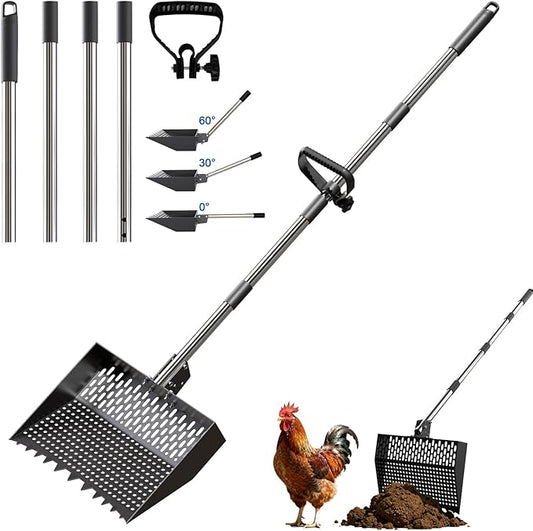 2-in-1 Chicken Poop Scooper & Rake 12-Inch Large Metal Shovel Head Adjustable Stainless Steel Handle (24 to 64") Litter Sifting Shovel Cleaning Tools for Chicken Run, Animal Farm (Black)