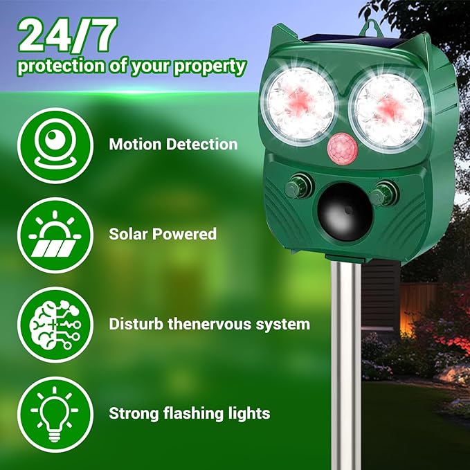 Solar Animal Repellent for Outdoor, Ultrasonic Pest Repeller with LED Strobe Light, Cat Repellent IP66 Waterproof, Effective Deterrent for Dogs, Deer, Raccoons, Skunks, Squirrels in Yard, Garden