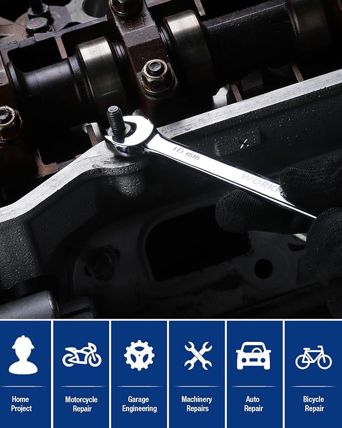 WORKPRO 10 mm Ratcheting Combination Wrench Metric, CR-V Constructed with Mirror Polish Chrome Plating, 12-Point Design, 15-Degree Offset