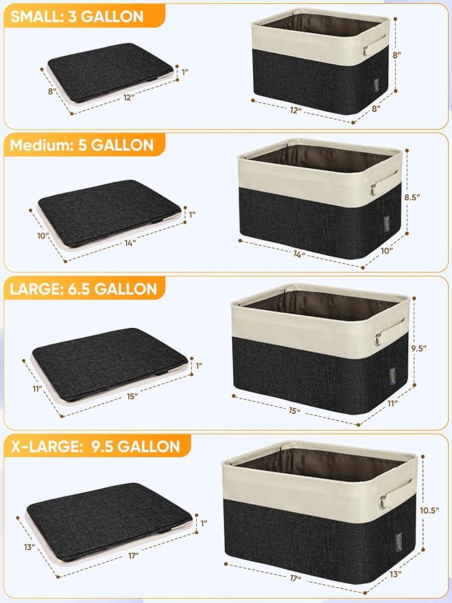 BALEINE 4 Pack Fabric Storage Bins for Shelves, Linen Storage Baskets for Organizing, Decorative Closet Bins for Clothes, Home (Black, 14''x10''x8.5'')