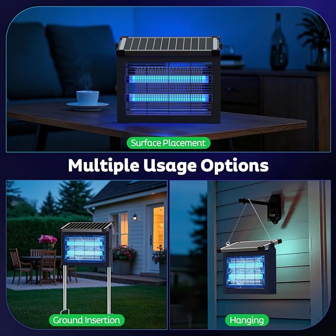 Solar Bug Zapper Outdoor with Projector Lights, Mosquito Zapper Waterproof Electric Fly Zapper Rechargeable with 10W Solar Panel, 4500V Cordless Fly Trap for Backyard, Patio, Garden, Camping