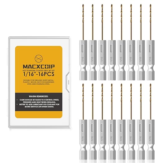 Hex Shank Drill Bit Set, 16Pcs 1/16" HSS Titanium Twist Drill Bit for Sheet Metal, Wood, Plastic, Quick Change Design