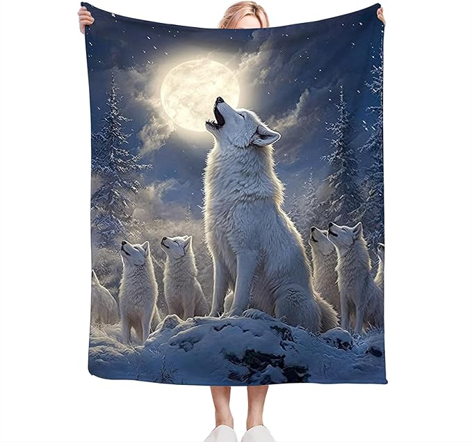 Wolf Blanket Wolves Moon Snowy Throw Blanket Soft Warm Cozy Fuzzy Plush Gifts for Girls Women Lightweight Fleece Flannel Stuff Decor Gift for Kids Adults 80"X60"