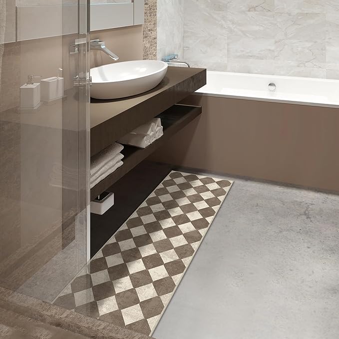Brown Checkered Washable Runner for Hallway Bedroom 2x6 Modern Geometry Non Slip Rug Low Pile Indoor Floor