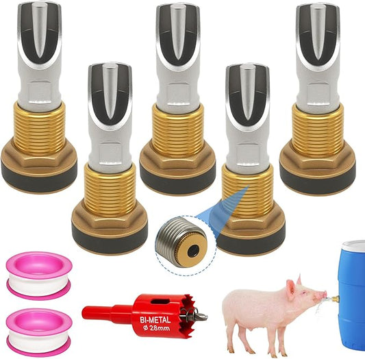 5Pcs Pig Nipple Waterer for Barrel Kit, Automatic Hogs Drinker Feeder with Stainless Steel Pig Water Nipple & Brass Water Tank Connectors & Hole Opener for Hog Sows Piglets Swine