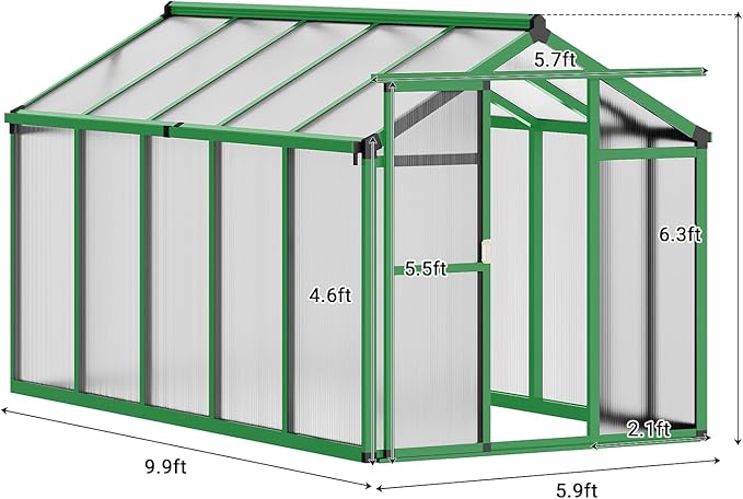 Greenhouse, 6x10 Ft Outdoor Greenhouses, Accessible Green House with Roof Vents and Sliding Doors, Aluminum Frame Polycarbonate Greenhouses, Large Greenhouse for Outdoor Gardens and Backyards, Green