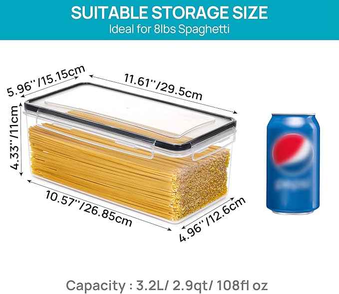 Vtopmart Airtight Food Storage Containers with Lids 8PCS Set 3.2L, Plastic Spaghetti Container for Pasta organizer, BPA Free Air Tight House Kitchen Pantry Organization