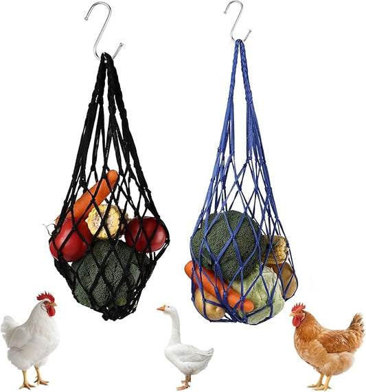 2 PCS Chicken Vegetable Hanging Feeder, Reusable Chicken Treat Holder, Poultry Feeding Tool with Hooks, for Chicken Duck (Black and Blue)