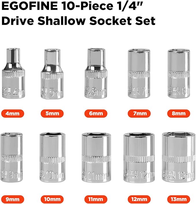 Egofine 10PCS 1/4” Drive Standard Socket Set,Shallow Socket Set,Metric（4-13mm,6 Point Socket With Hanging Bracket,Cr-V Steel