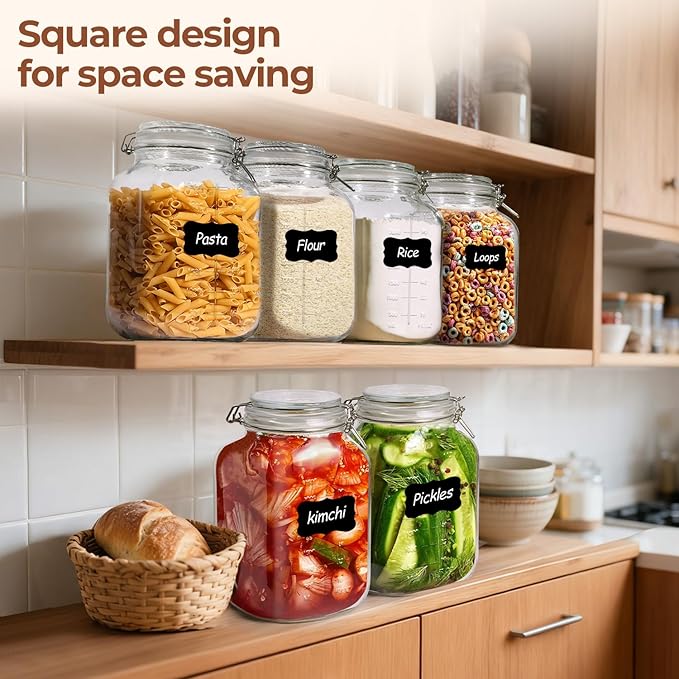 ComSaf Large Glass Storage Containers with Lids, 1.1 Gallon Glass Jar with airtight Lid for Rice, Wide Mouth Mason Jars with Measurement Mark, Flour Sugar Storage Containers 135oz, Set of 2, Square