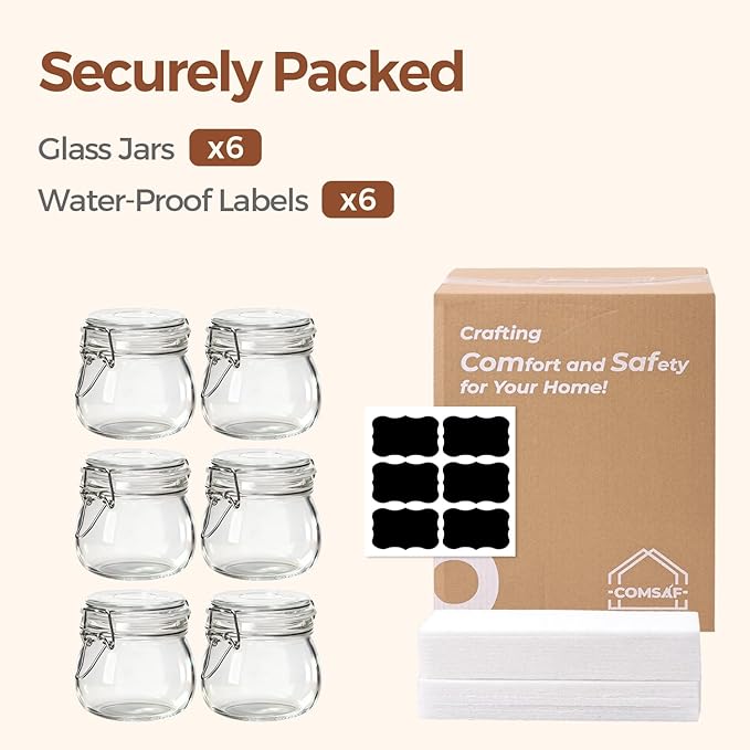 ComSaf Airtight Glass Jars with Lids 17oz Small Food Storage Container Set of 6 - Airtight Canister with Clear Preserving Seal Wire Clip Fastening for Kitchen Canning Pickling Mason jars