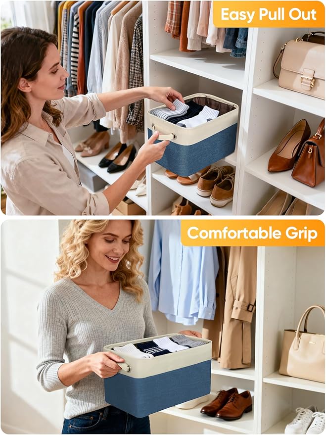 BALEINE 3 Pack Fabric Storage Bins for Shelves, Linen Storage Baskets for Organizing, Decorative Closet Bins for Clothes, Home (Navy Blue, 17''x13''x10.5'')