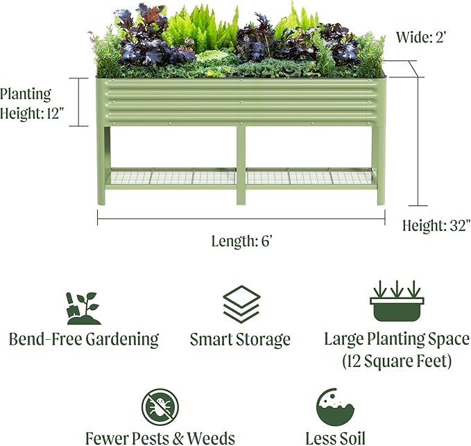 Elevated Raised Garden Bed-V Series, 2' x 6' Garden Beds with Legs & Storage Rack for Patio Porch, 1000 Lbs Weight Capacity, Outdoor Planter Boxes for Gardening Herbs Vegetables Flowers, Olive Green