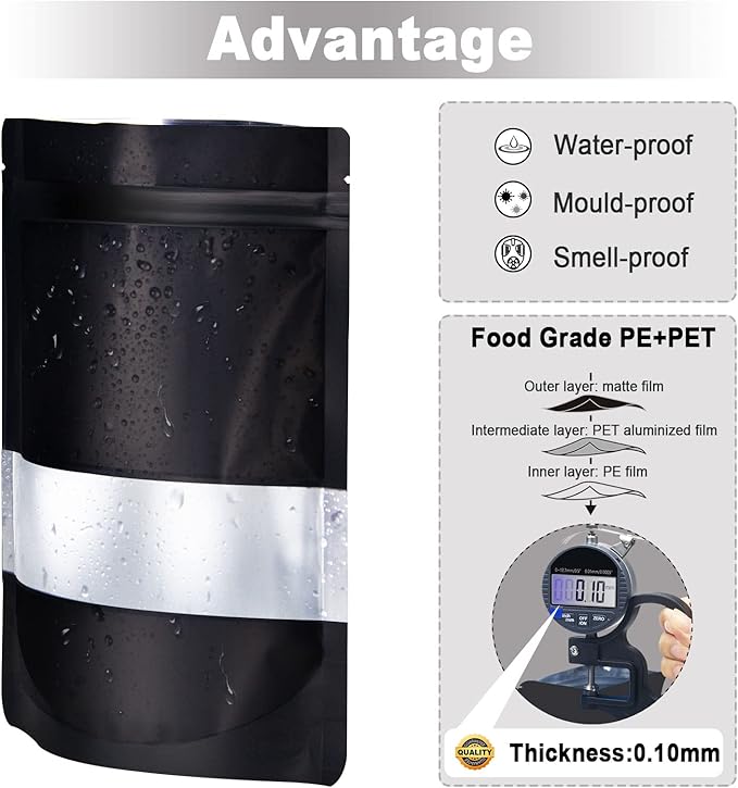 3.5"x5" 120pcs Mylar Bags for Food Storage,Smell Proof Bag with Matte Window Resealable Food Storage Bags for Small Business, Stand-up Foil Pouch Packaging Freeze Dried Candy Bag(Black)