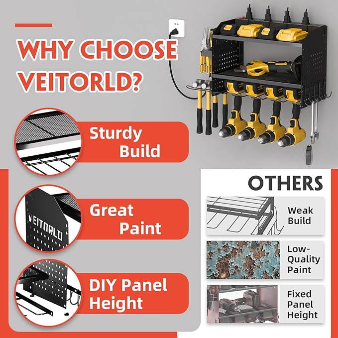 Veitorld Power Tool Organizer Wall Mount with Charging Station, 4 Drill Holder Heavy Duty Cordless Tool Storage Rack, Metal Garage Organizers and Storage, Christmas Birthday Gifts for Men Dad Him