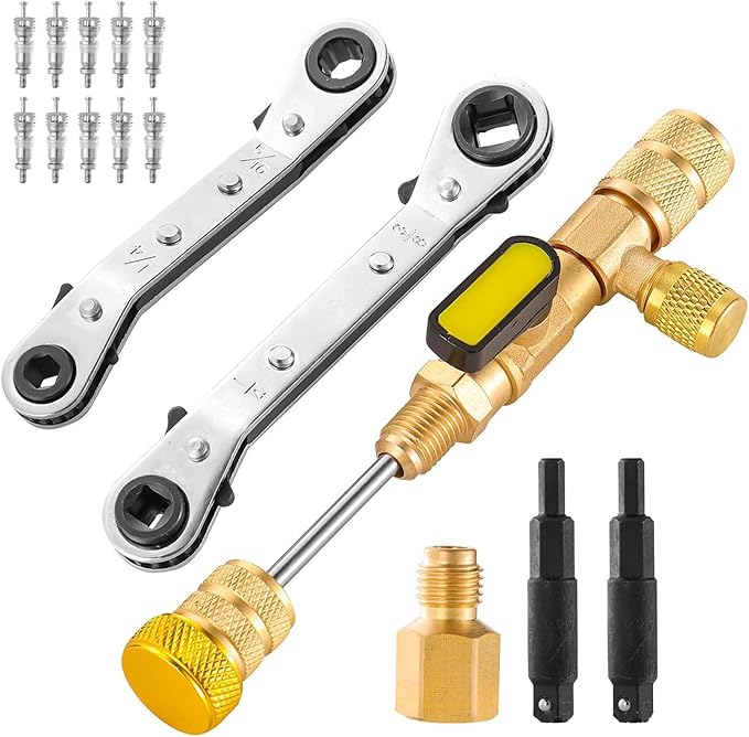 Multifunction Refrigerator Service Wrench Set Cores Removal Tool and 10 Valves for HVAC Equipment Maintenance Valves Removal Installer Tool