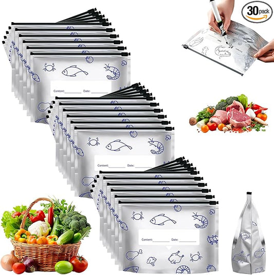 Reusable Aluminum Foil Sealable Storage Bags, 2025 New Stand Up Foil Sealable Bags for Food, Resealable Vacuum Zipper Pouches with Label and Zip Lock for Fruit Vegetable Meat (30, Small)