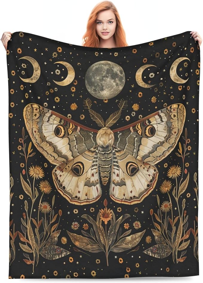 Moth Moon Blanket Witchy Vintage Butterfly Sunflower Decor Throw Blanket Comfy Plush Flannel Fleece Warm Soft Fuzzy Blanket Gothic Gifts for Girls Boys Women Teens for Room Bed Sofa Couch 50"X60"