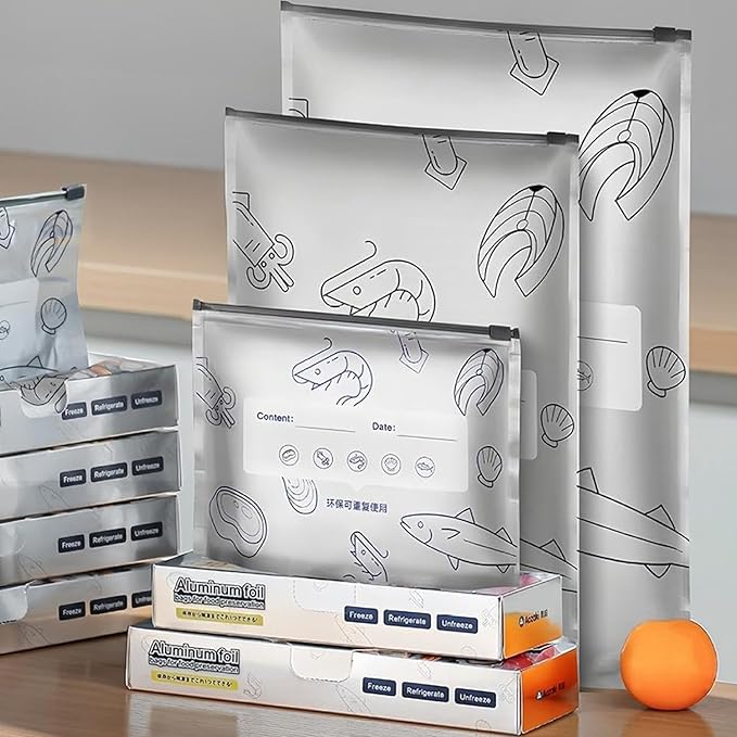 30 Pcs Reusable Aluminum Foil Sealable Storage Bags, 2025 New Resealable Vacuum Zipper Pouches for Food, Stand Up Foil Sealable Bags with Label and Zip Lock for Vegetable Fruit Meat (3 Size)