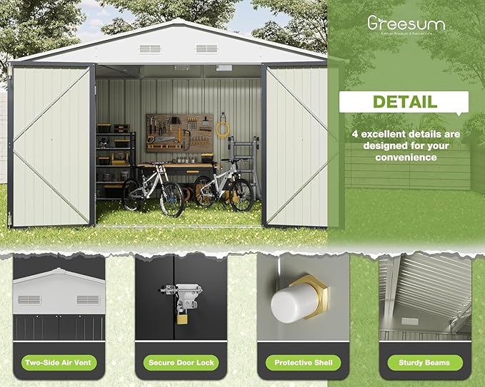 Greesum 10x8FT Outdoor Storage Shed, Utility Tool Shed Metal Storage Garden Shed with Door & Lock for Patio Storage, Gray
