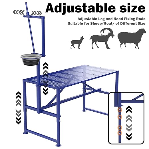 Goat Milking Stand with Feeder, Goat Stand for Trimming Hooves, with Adjustable Head Piece and Legs, Metal Blue Use for Livestock, Large Size 600 Lbs