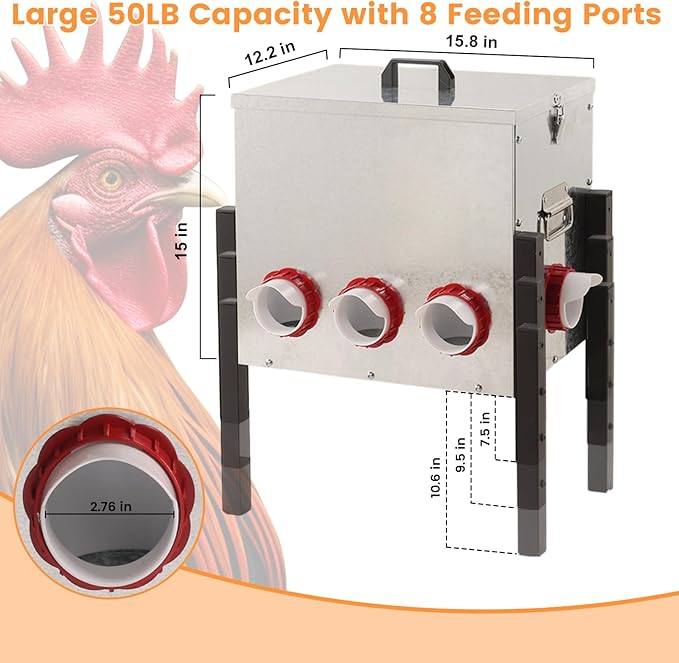 50LB Automatic Chicken Feeder with Cover – Large Capacity Metal Chicken Coop Feeder with 8 Feed Ports, Adjustable Legs Rainproof No Waste Outdoor Poultry Feeder for Hens & Free Range Flocks