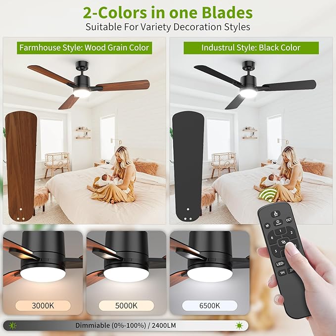 Ceiling Fans with Lights, 52 Inch Low Profile Ceiling Fan with Light and Remote Control,10 Min Quick Installation,Reversible,3CCT Dimmable,Quiet,Black Small Ceiling Fan for Bedroom Indoor/Outdoor
