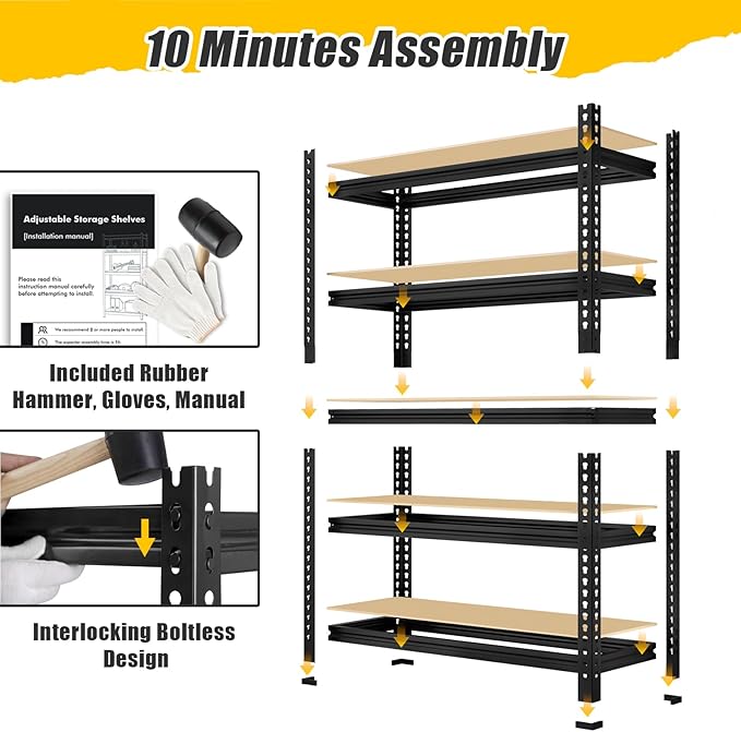 5-Tier Metal Storage Shelves: Heavy Duty Garage Shelving Adjustable Shelves for Storage - Black Utility Rack Shelf for Pantry, Warehouse, Office, Kitchen, 28" W x 12" D x 59" H, 2PCS