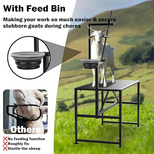 600 Lbs Goat Milking Stand with Feed Bin, Livestock Stand for Sheep Trimming Hooves, Goat Stantion Metal Black with Adjustable Head Piece and Legs, Large Size