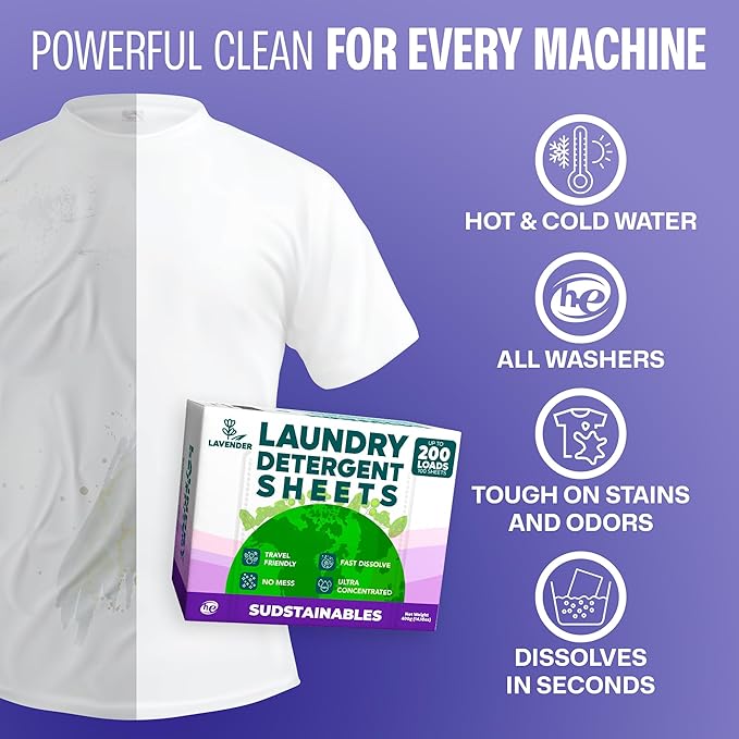 Sudstainables Laundry Detergent Sheets 200 Loads – Dissolvable Laundry Sheet for Washing Machines, Compact Alternative to Liquid & Powder Detergent, Travel-Friendly Soap | Lavender