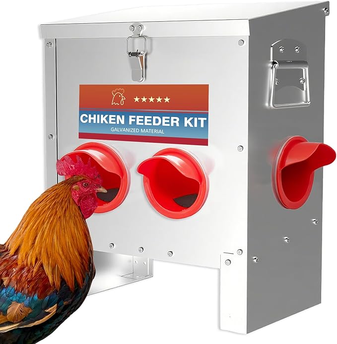 Automatic Chicken Feeder Large Capacity 25lbs Metal Chicken Feeder with Latch & Handle for Chickens, Geese, Ducks, Turkeys, Quails, Weatherproof (4-Port)