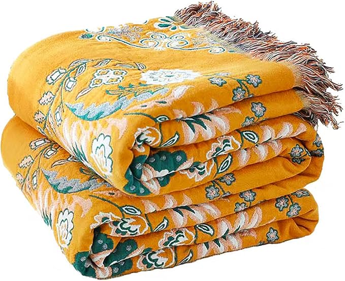 Boho Throw Blanket, 100% Cotton Soft Sofa Bed Throw-Floral Farmhouse Decor Blanket, Reversible Bohemian Throw for Chair Couch Quilt and Gift, 60" x 80"-Yellow
