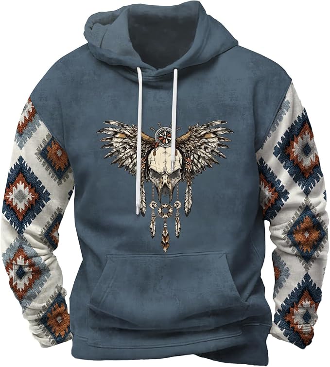 Mens Hooded Sweatshirt Vintage American Element Long Sleeve Fall Hoodie Classic Drawstring Front Pocket Pullover