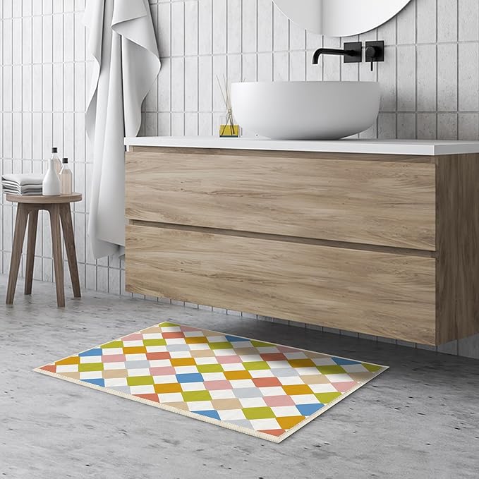 Neutral Checkered Small Carpet 2x3 Washable Geometry Colorful Area Rugs Doormat for Entryway Bathroom Living Room Bedroom Washing Room Non Slip