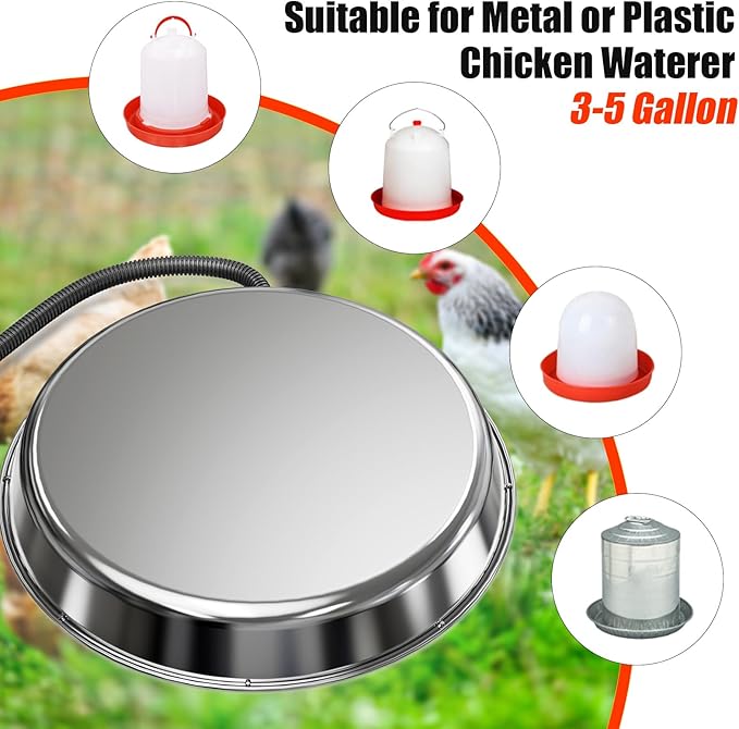 Chicken Water Heater for Winter,14" Heating Base for Metal/Plastic Chicken Waterer Poultry Founts Under 5 Gallon,48W Thermostat Chicken Coop Water Heater