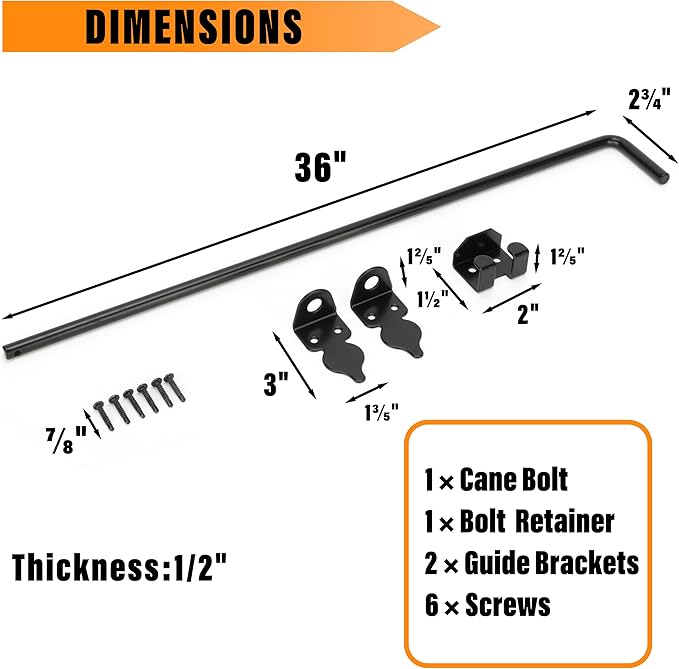 36" Heavy Duty Cane Bolt Gate Drop Rod-Steel Gate Ground Latch Designed for Wood Metal Vinyl Gates or Double Doors Fence Applications