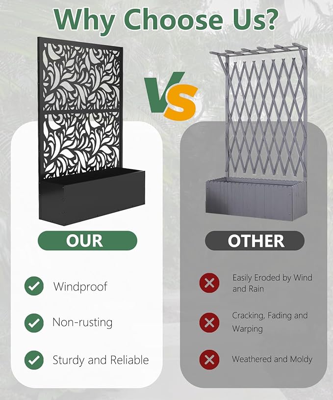 Metal Planter Box with Trellis,70.9"x47.2"x15.7" Raised Garden Bed with Drainage Holes, Privacy Planters for Outdoor Garden Bed for Climbing Plants,Vegetables,and Vines, Black-Flower