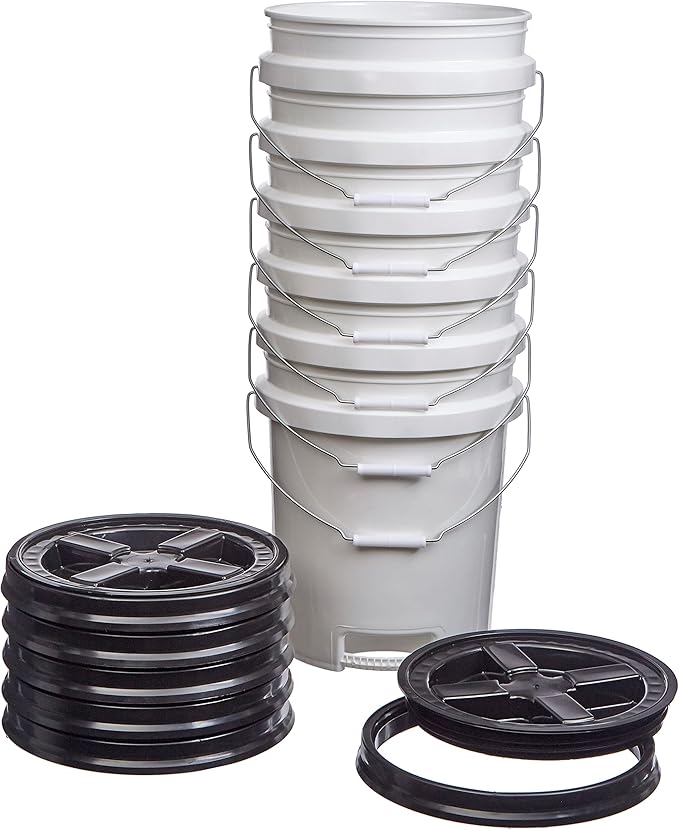 Consolidated Plastics 5 Gallon White Food Grade Buckets with Bottom Grip Handle & Gamma Seal Lids, BPA Free Container Storage, Durable HDPE Pails, Made in USA (6 Pack, Black Lids)