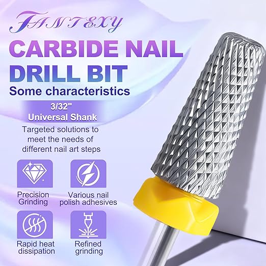 Fantexy 3/32" Carbide Nail Drill Bit - Remove Acrylic Hard Gels Quickly and Safely, 5-in-1 Tungsten Carbide Nail Drill Bit for Nail Art,Manicure,Pedicure,Gel,Cuticle Clean (Extra Fine - XF)