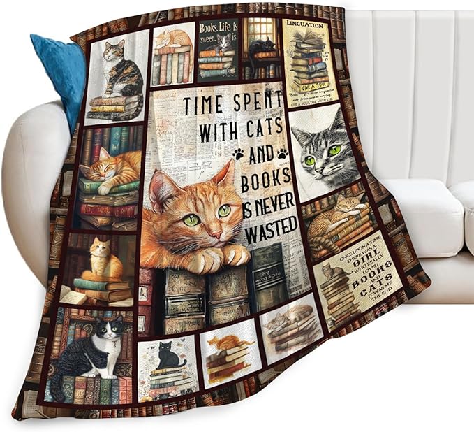 Dynova Cat Blanket Cozy Plush Book Throw Blankets Cozy Plush Cats Books Lovers Gifts Fuzzy Flannel Fleece for Women Men Girls Boys 60"X50"