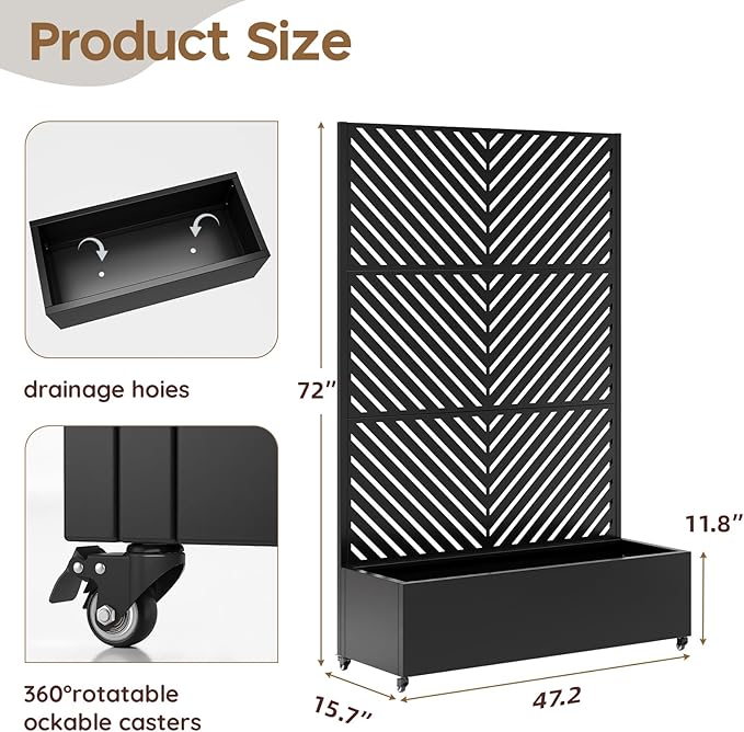 Metal Planter with Trellis& Wheels 72" x 47"x 15.7" Raised Garden Bed with Trellis,Privacy Planters for Patio,Garden Bed for Climbing Plants,Suitable for Climbing Plants and Vegetables,Black