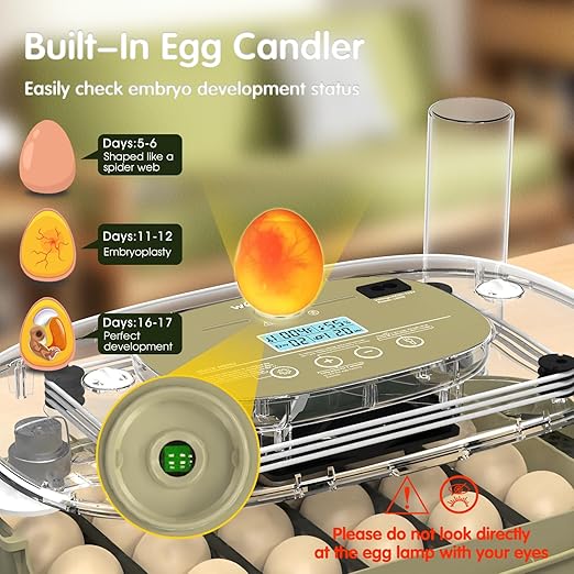 24 Egg Incubator with Automatic Turning, Temperature and Humidity Control, LED Egg Candler, and Auto Water Addition, for Hatching Chicken, Goose, Duck, Quail, Pigeon, and Turkey Eggs
