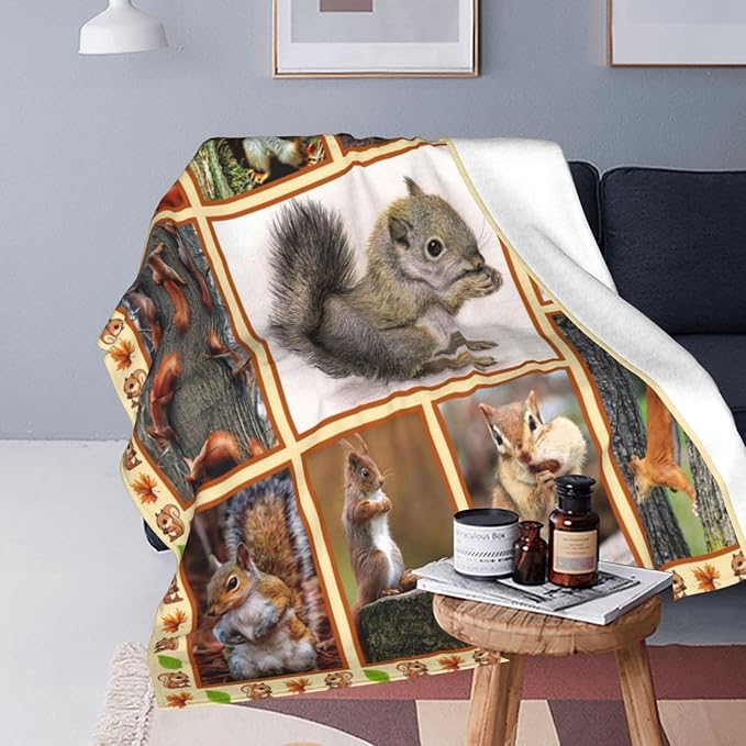 Cute Squirrel Decor Throw Blanket - Super Warm Soft Plush Lightweight Fleece Flannel Animals Blanket for Women, Girls, Boys, Men, Kids - Winter Couch Bedding - 50"X60"