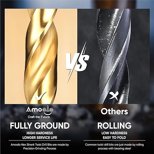 amoolo 1/8 Hex Shank Drill Bits, 10Pcs Titanium HSS Twist Impact Drill Bit Set for Metal, Steel, Wood, Plastic, Quick Change Design