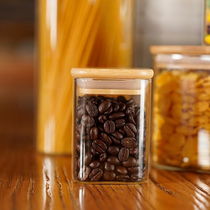 Glass Food Storage Jars Square 8oz, 12 Pack Glass Jars With Bamboo Lids, Kitchen Storage Containers For Spice, Candy, Cookie, Storage For Pantry Organizers